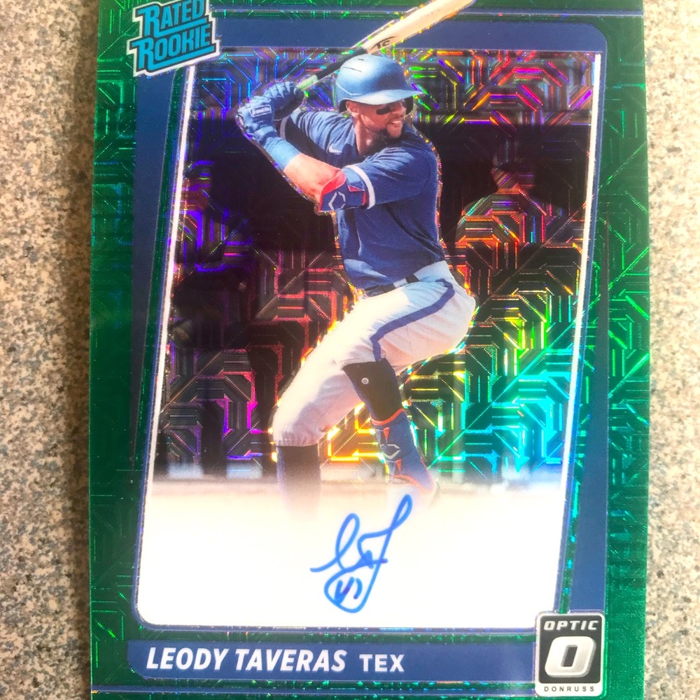 2021 Donruss Optic Leody Taveras Rated Rookie Auto Green Mojo Prizm #/99